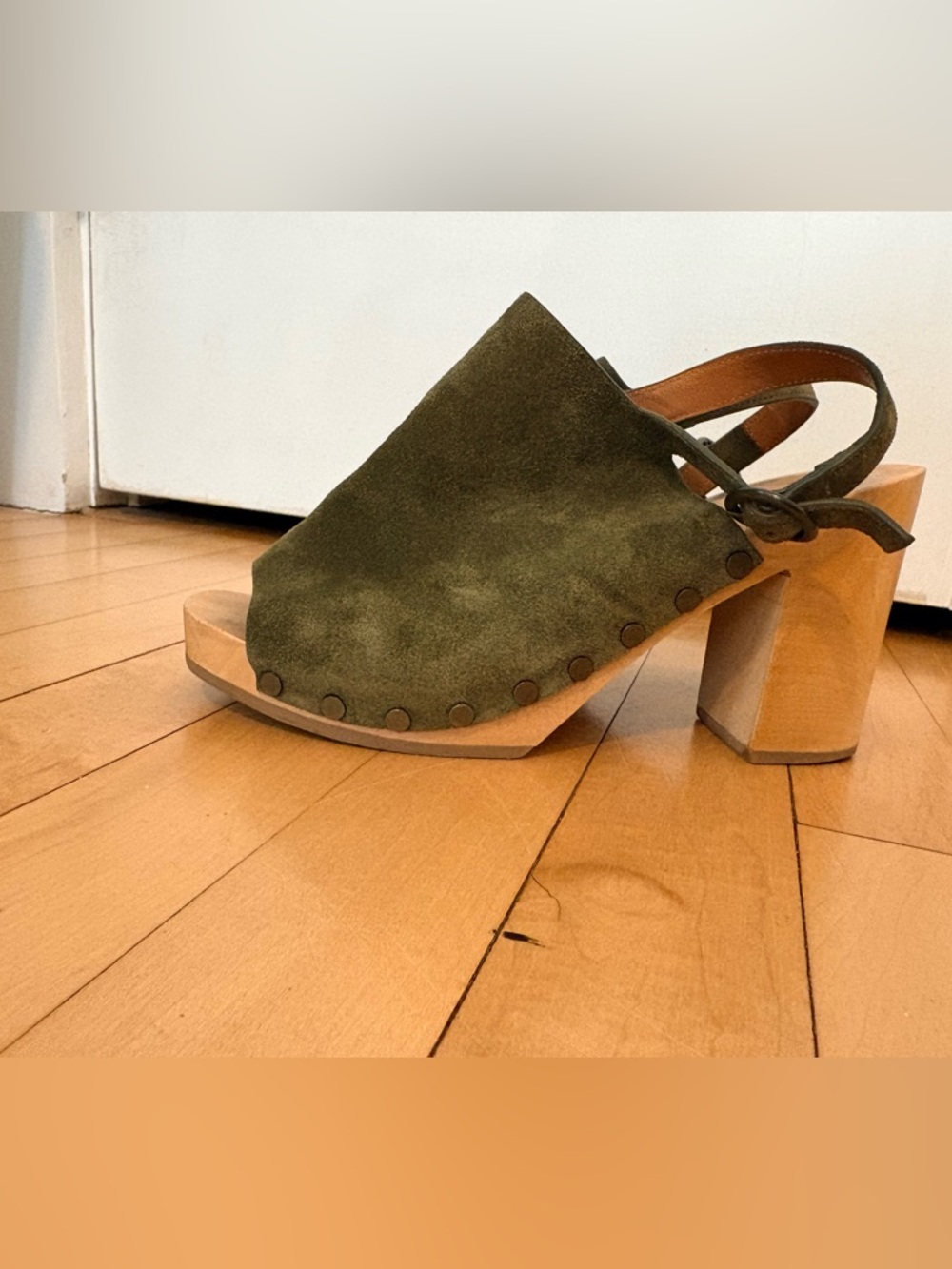 Sezane Olive Green Suede Dakota Clogs